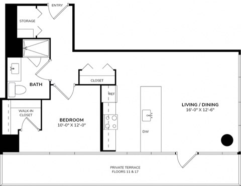 Floor plan for 1 bed, 1 bath, 895 sqft